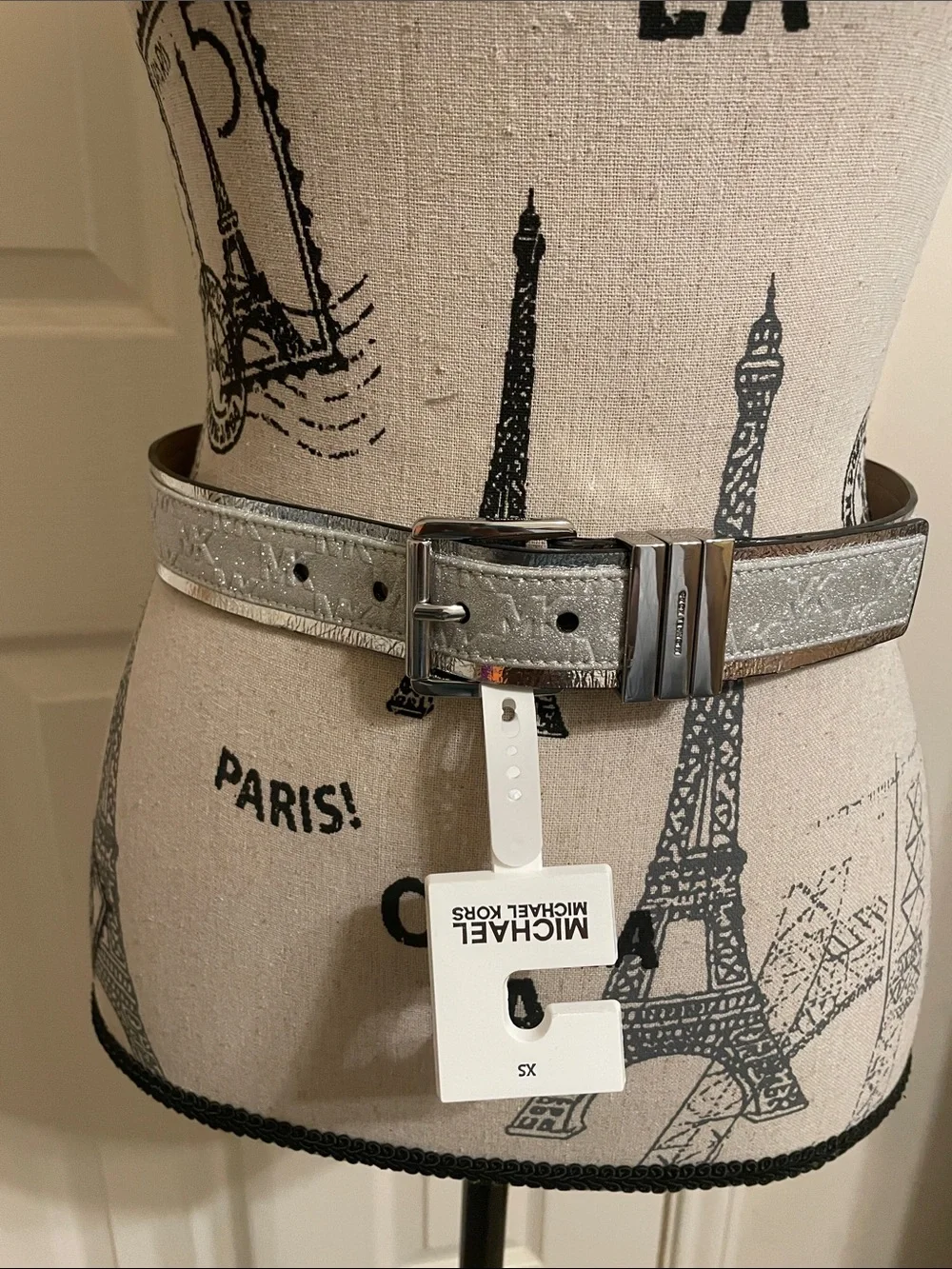 Michael Kors Metallic Silver Leather Logo Belt